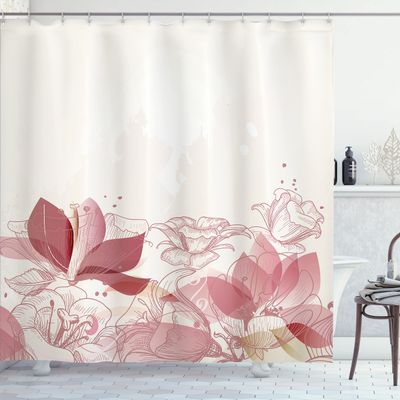 Ambesonne Flower Shower Curtain, Retro Floral Background Hibiscus Silhouettes Dramatic Romantic Nature Art, Cloth Fabric Bathroom Decor Set with Hooks, 69" W x 75" L, Dried Pink Rose