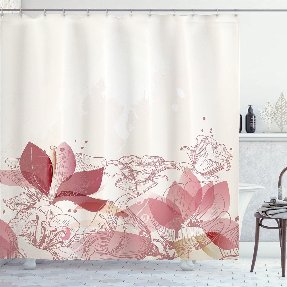 Ambesonne Flower Shower Curtain, Retro Floral Background Hibiscus Silhouettes Dramatic Romantic Nature Art, Cloth Fabric Bathroom Decor Set with Hooks, 69" W x 75" L, Dried Pink Rose