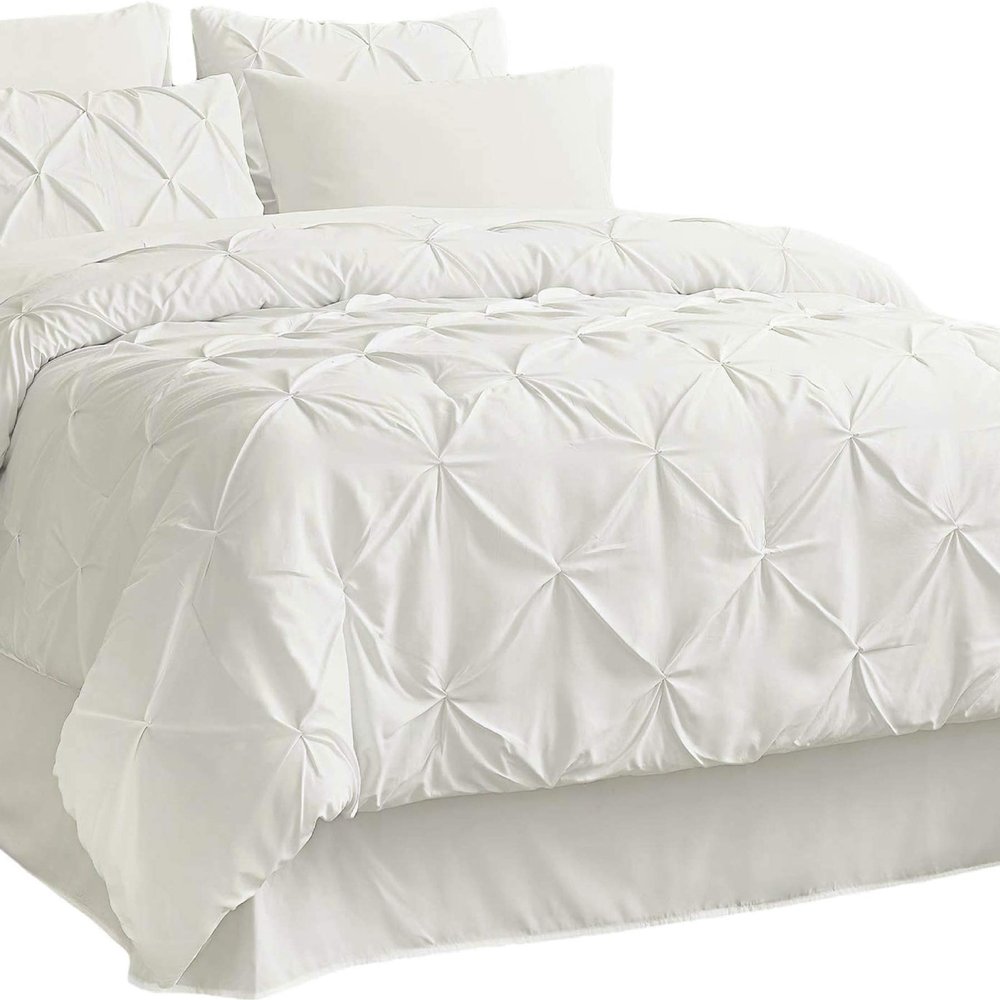 8Pcs Pinch Pleated Comforter Bedding Collection 100% Cotton 500 GSM in A Bag 1Comforter,1Fitted Sheet 15''DP,1Flat Sheet,2Pillow Shams,2Pillow Cases,1Pleated Bed Skirt 15''Drop,Twin XL/Pinch Ivory