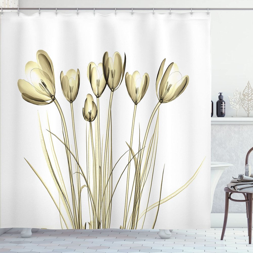 Ambesonne Flower Shower Curtain, X-ray Image of Tulips Solarized Effect Nature Inspired Illustration, Cloth Fabric Bathroom Decor Set with Hooks, 69" W x 75" L, Pale Yellow