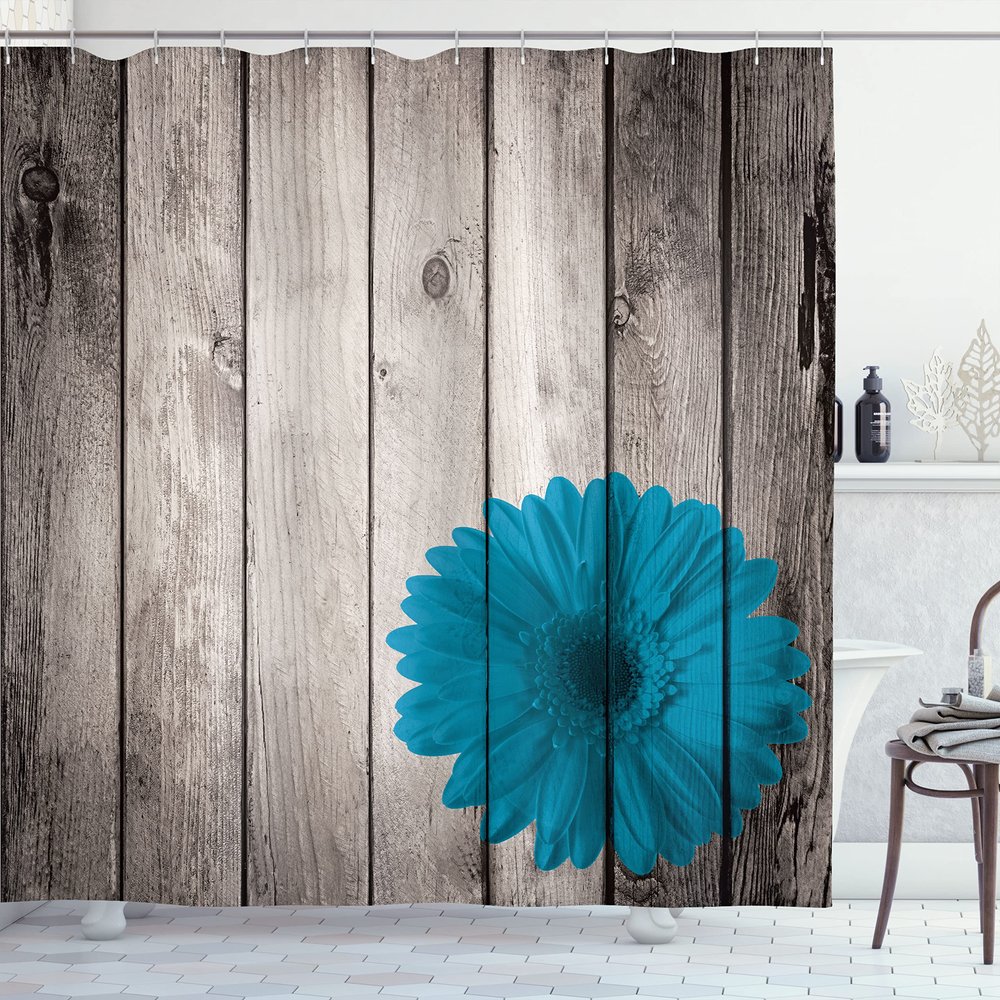 Ambesonne Rustic Shower Curtain, Flower Red Dahlia on Foreground of Murky Featured Dated Wooden Board Retro Art Print, Cloth Fabric Bathroom Decor Set with Hooks, 69" W x 75" L, Sea Blue