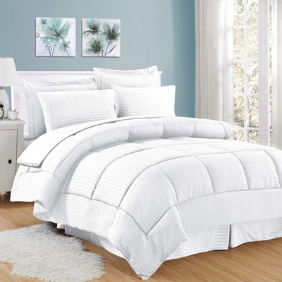 8Pcs Comforter Bedding Collection 100% Cotton 500 GSM Bed in A Bag 1Comforter,1Fitted Sheet 15''DP,1Flat Sheet,2Pillow Shams,2Pillow Cases,1Pleated Bed Skirt 15''Drop,Cal-King/White Stripe