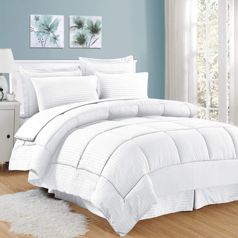 8Pcs Comforter Bedding Collection 100% Cotton 500 GSM Bed in A Bag 1Comforter,1Fitted Sheet 15''DP,1Flat Sheet,2Pillow Shams,2Pillow Cases,1Pleated Bed Skirt 15''Drop,Cal-King/White Stripe