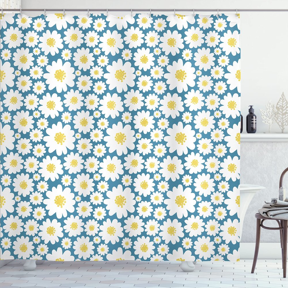 Ambesonne Floral Shower Curtain, Pastel Cartoon Like Flowers Daisies Spring Time Season Artwork Print, Cloth Fabric Bathroom Decor Set with Hooks, 69" W x 70" L, Sea Aqua Blue
