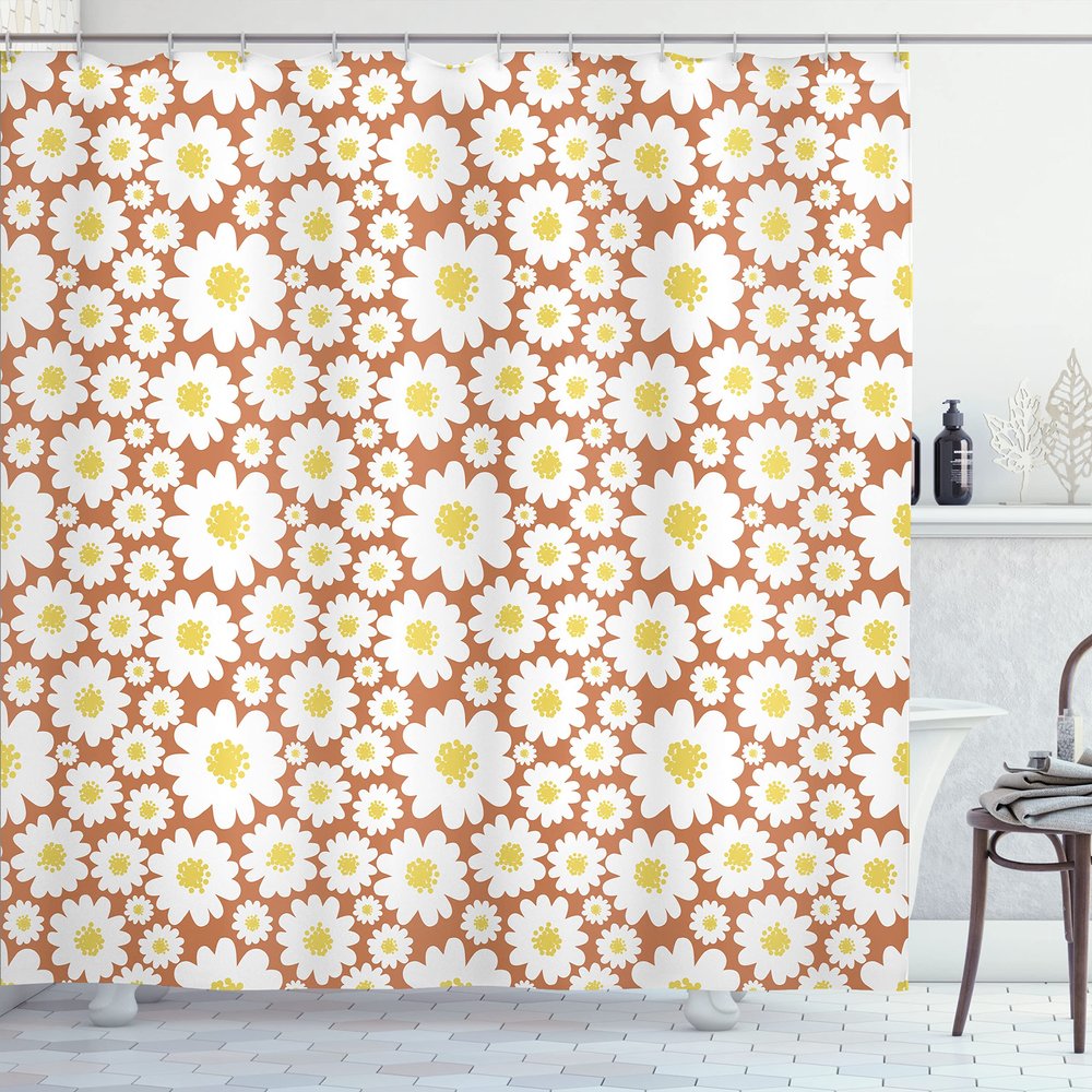 Ambesonne Floral Shower Curtain, Pastel Cartoon Like Flowers Daisies Spring Time Season Artwork Print, Cloth Fabric Bathroom Decor Set with Hooks, 69" W x 75" L, Cinnamon White