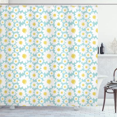 Ambesonne Floral Shower Curtain, Pastel Cartoon Like Flowers Daisies Spring Time Season Artwork Print, Cloth Fabric Bathroom Decor Set with Hooks, 69" W x 70" L, Pale Blue