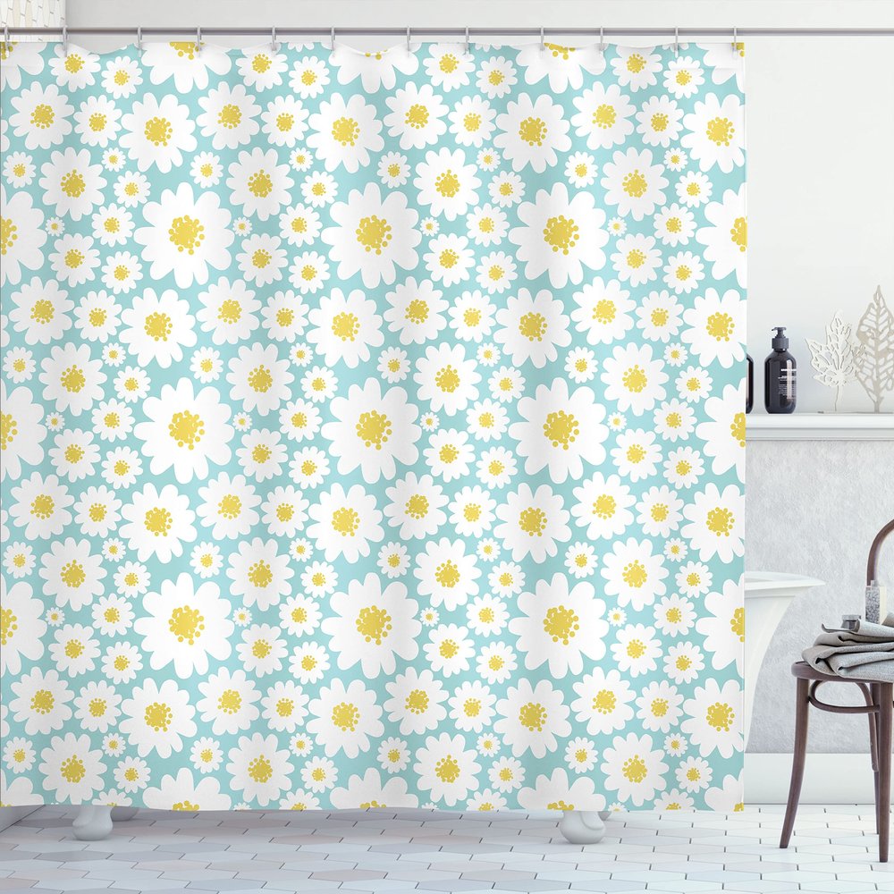 Ambesonne Floral Shower Curtain, Pastel Cartoon Like Flowers Daisies Spring Time Season Artwork Print, Cloth Fabric Bathroom Decor Set with Hooks, 69" W x 70" L, Pale Blue
