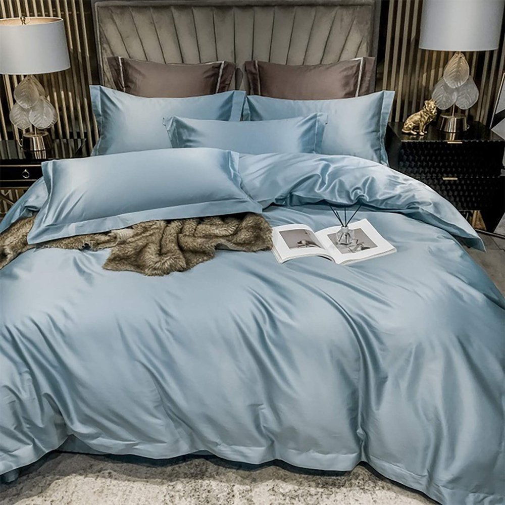 100% Satin Cal-King/King Size 5 Piece Steel Blue Duvet Cover Set,600 TC with Hidden Zipper & Corner Ties Rich Silk Super Soft Silk Like Satin Duvet Covers Set - (1 Duvet Cover with 4 Pillowcase)