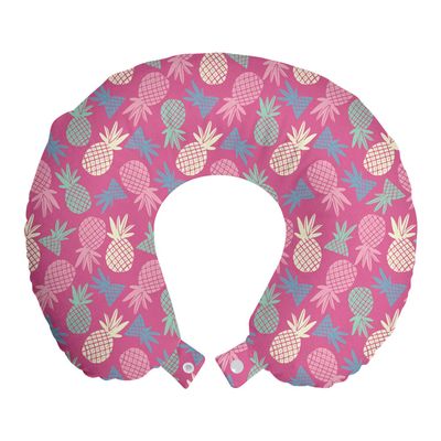 Ambesonne Fruits Travel Pillow Neck Rest, Hipster Exotic Pineapples Graphic Tropic Juicy Ananas Urban Jungle Foods, Memory Foam Traveling Accessory for Airplane and Car, 12", Pink Blue