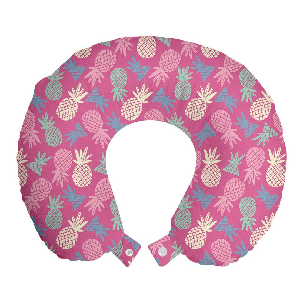 Ambesonne Fruits Travel Pillow Neck Rest, Hipster Exotic Pineapples Graphic Tropic Juicy Ananas Urban Jungle Foods, Memory Foam Traveling Accessory for Airplane and Car, 12", Pink Blue
