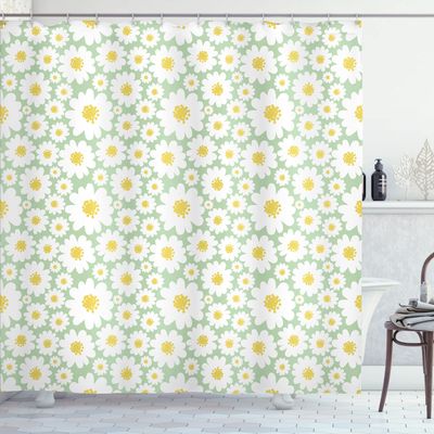 Ambesonne Floral Shower Curtain, Pastel Cartoon Like Flowers Daisies Spring Time Season Artwork Print, Cloth Fabric Bathroom Decor Set with Hooks, 69" W x 70" L, Pale Sage