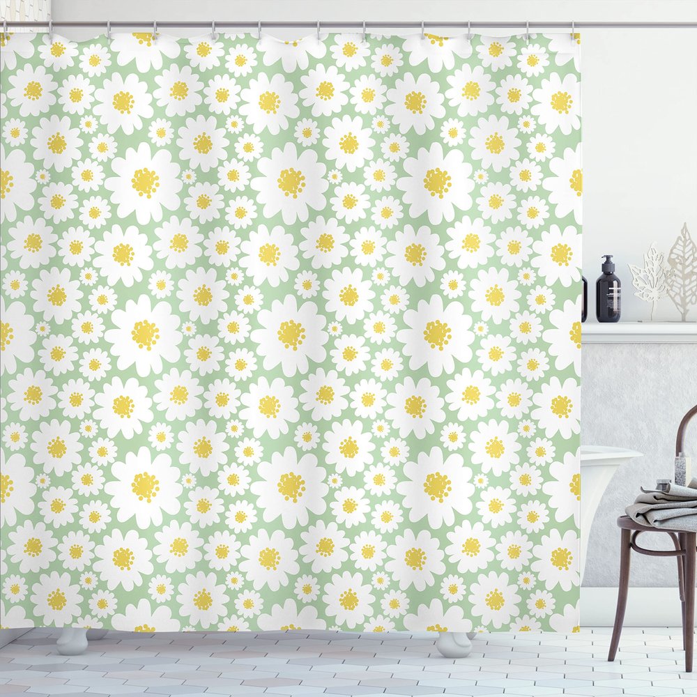 Ambesonne Floral Shower Curtain, Pastel Cartoon Like Flowers Daisies Spring Time Season Artwork Print, Cloth Fabric Bathroom Decor Set with Hooks, 69" W x 70" L, Pale Sage