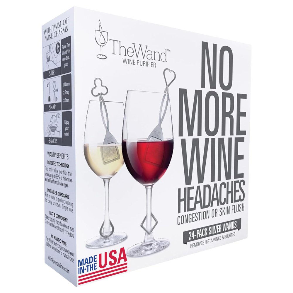 PureWine The Wand Wine Purifier - Red & White Wine Filters for Histamines & Sulfites, Sulfite Remover Sticks, Helps Allergies & Headaches, Gift Accessories for Women & Men - 24 Wands, Silver