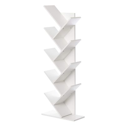 Basicwise Wooden 9-Shelf Tree Magazine CD Storage Bookcase (White) (QI003457.WT)
