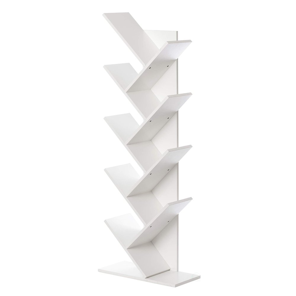 Basicwise Wooden 9-Shelf Tree Magazine CD Storage Bookcase (White) (QI003457.WT)