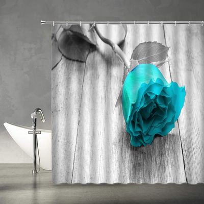 AMFD Teal Blue Rose Shower Curtain Awesome Rose Flower on Grey Wooden Floor Romance Romantic Love Valentive Day Home Fabric Bathroom Decor Set Include Hooks,(47" Wx70 H)
