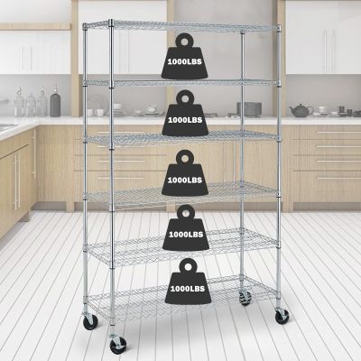 TTY Store 6 Tier Heavy Duty Chrome Wire Shelving Unit - 18"x48"x76", 6000 LBS, NSF Listed, Adjustable Height, Wheels & Feet Levelers, Office, Kitchen, Garage, Commercial Rack