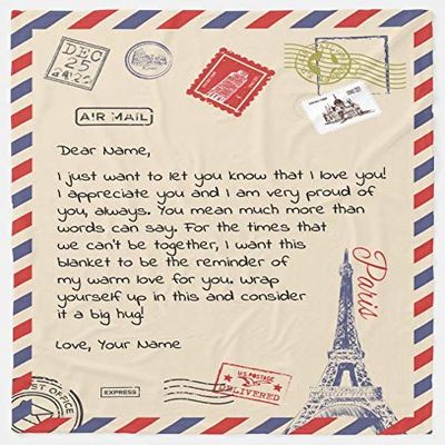Printualist Personalized Postcard Blanket for Mothers & Father's Day, Ships from US - Add Your Names - Custom Air Mail Letter Big Hug Throw Blanket Gift