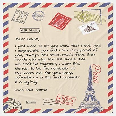 Printualist Personalized Postcard Blanket for Mothers & Father's Day, Ships from US - Add Your Names - Custom Air Mail Letter Big Hug Throw Blanket Gift