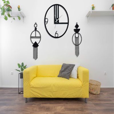 Black Chic Metal Large Wall Clock, Silent Oversize Clock, Unique Art Home Decor Metal Wall Art Horloge Murale Housewarming Gift Bird Themed (Clock + 2 Macrames, 19.6 Inches)