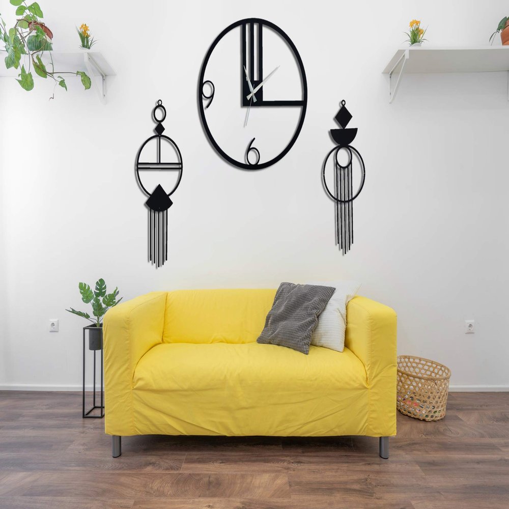 Black Chic Metal Large Wall Clock, Silent Oversize Clock, Unique Art Home Decor Metal Wall Art Horloge Murale Housewarming Gift Bird Themed (Clock + 2 Macrames, 19.6 Inches)