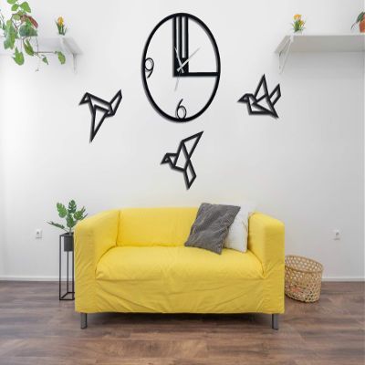 Black Chic Metal Large Wall Clock, Silent Oversize Clock, Unique Art Home Decor Metal Wall Art Horloge Murale Housewarming Gift Bird Themed (Clock + Origami Birds, 27.5 Inches)