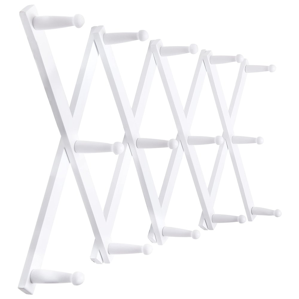 SKOLOO Hat Rack for Wall with 14 Hooks, Solid Wooden, Modern, Expandable Coat Rack Wall Mount for Coats, Hats, Bags, Baseball Caps, White