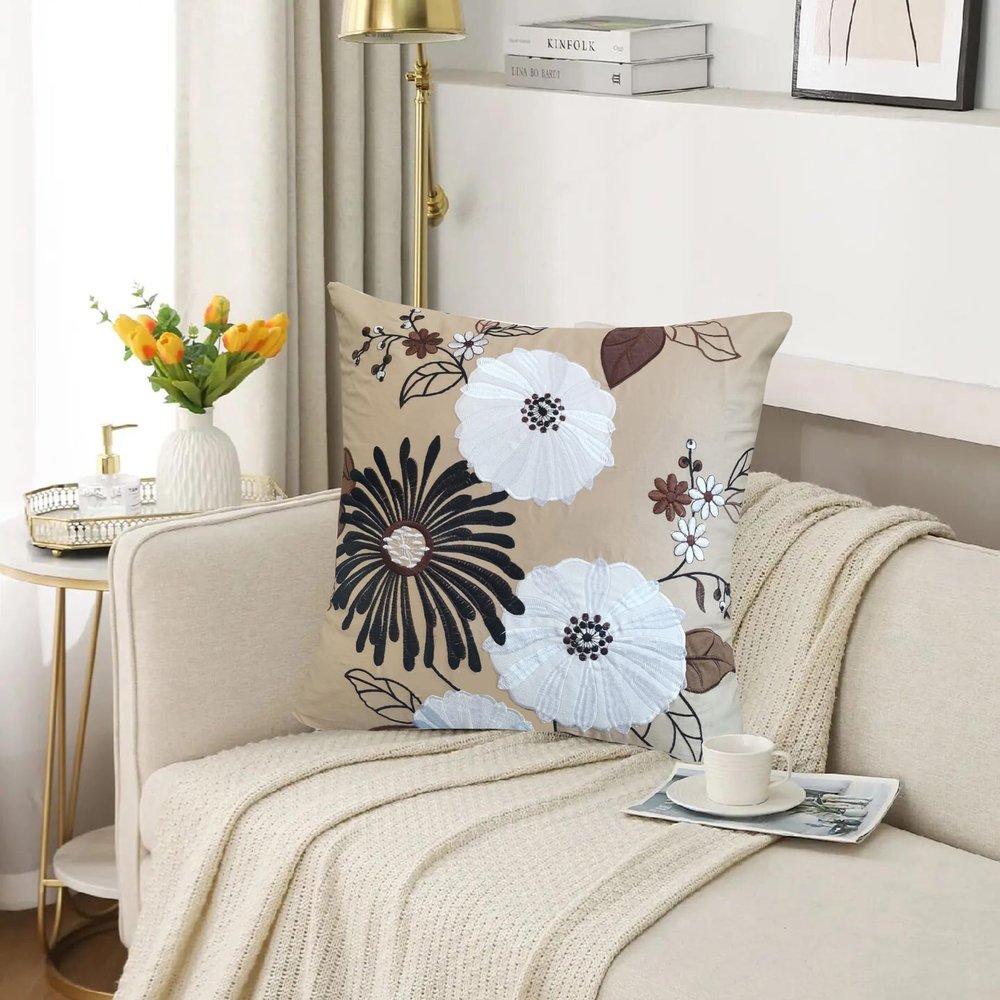 Couch Pillow Cover Throw Pillowcase Decorative European Floral Appliqud Embroidery Cotton Satin 18X18" 1PC French County Black/White/Brown Blooming Flower Fall Farm House Festive Decor Garden Florist