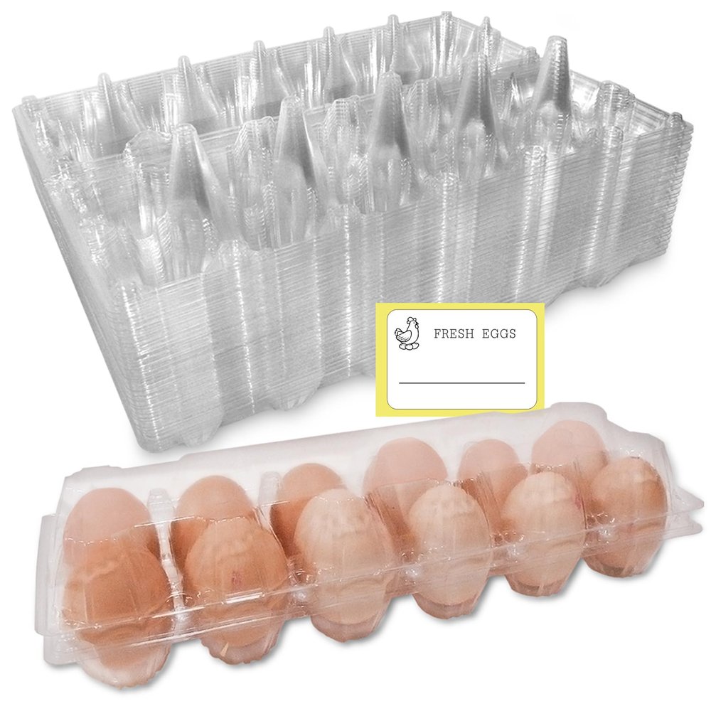 COLOANDUS Large Plastic Egg Cartons 30 Packs with Sticker Labels for 12 Eggs, Cheap Bulk Egg Tray Egg Container Holder for Refrigerator, Storage, Family, Chicken Farm, Market, Camping