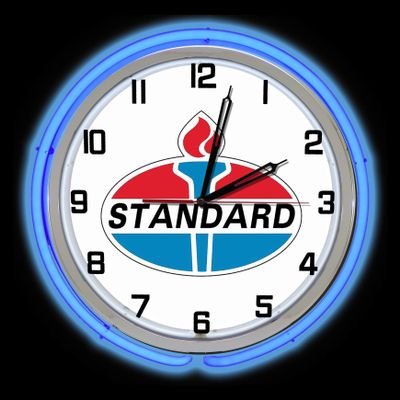 19" Standard Oil Sign New Logo Double Neon Clock, Two Neon Tubes, Blue Outside Tube