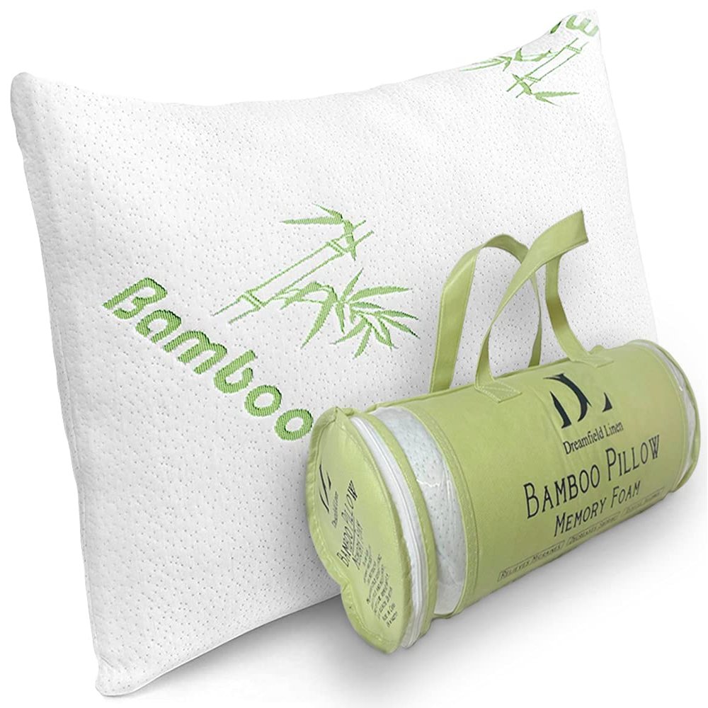 DreamField Linen Memory Foam Bamboo Pillow Queen Size - [Adjustable] for Sleeping - Cool & Breathable Cover with Zipper Rayon Derived from Bamboo - Relieves Neck Pain - Back/Stomach/Side Sleeper