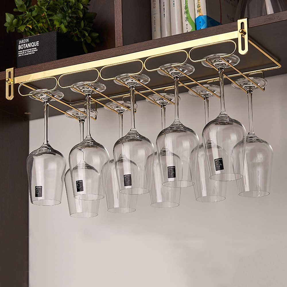 ACXZ Adjustable Hanging Wine Glass Holder Under Cabinet or Shelf, Plug-in Stemware Rack, 2345 Rows, No Drilling, Golden, 5522.5cm5 Slots, Bronze