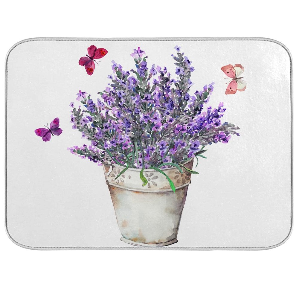 Absorbent Dish Drying Mat for Kitchen Counter - Purple Potted Lavender Microfiber Drying Pad, Reversible Drainer Mats for Countertop, Large 18 x 24 inch