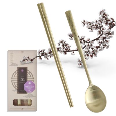 BALWOO [1 Set] [Made in Korea] Korean Sticky Rice Spoon Chopsticks Set Gold Titanium Plating 304 Stainless Steel Tableware Cutlery Set Mukbang Chopsticks (Korean Apricot Blossom TITANIUM, 1 Set)