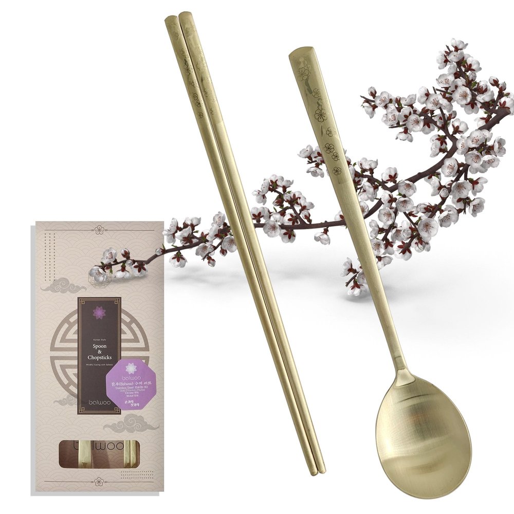 BALWOO [1 Set] [Made in Korea] Korean Sticky Rice Spoon Chopsticks Set Gold Titanium Plating 304 Stainless Steel Tableware Cutlery Set Mukbang Chopsticks (Korean Apricot Blossom TITANIUM, 1 Set)