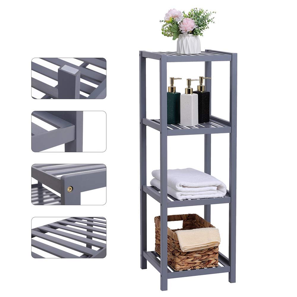 Amebee 4-Tier Bamboo Multifunctional Storage Rack, Narrow Shelving Unit for Wood Corner Rack Bathroom Shelf, Kitchen, Living Room, Bedroom, Hallway (4 Tiers Gray)