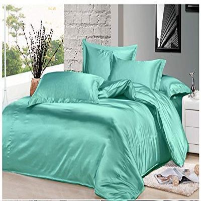 7PCS Premium Satin Duvet Cover Set-1Duvet Cover,1Fitted Sheet 14'',1Flat Sheet,2Pillowshams,2Pillowcases 600 TC Soft Satin Bedding Set Solid Colors Pattern Twin XL/Aqua Duvet Cover Set