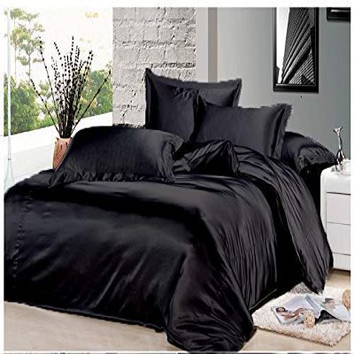 7PCS Premium Satin Duvet Cover Set-1Duvet Cover,1Fitted Sheet 15'',1Flat Sheet,2Pillowshams,2Pillowcases 600 TC Soft Satin Bedding Set Solid Colors Pattern Cal-King/Black Duvet Cover Set