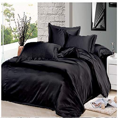 7PCS Premium Satin Duvet Cover Set-1Duvet Cover,1Fitted Sheet 15'',1Flat Sheet,2Pillowshams,2Pillowcases 600 TC Soft Satin Bedding Set Solid Colors Pattern Cal-King/Black Duvet Cover Set
