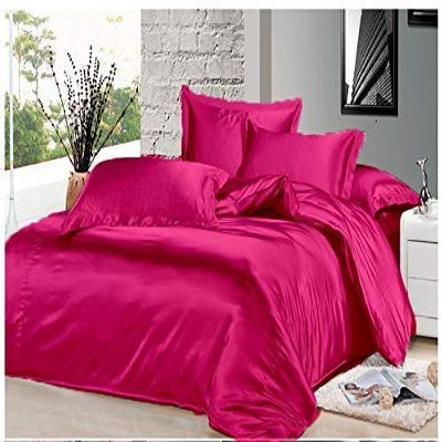 7PCS Premium Satin Duvet Cover Set-1Duvet Cover,1Fitted Sheet 14'',1Flat Sheet,2Pillowshams,2Pillowcases 600 TC Soft Satin Bedding Set Solid Colors Pattern Full/Pink Duvet Cover Set