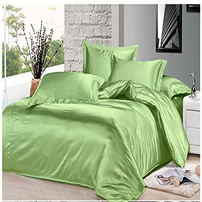 7PCS Premium Satin Duvet Cover Set-1Duvet Cover,1Fitted Sheet 14'',1Flat Sheet,2Pillowshams,2Pillowcases 600 TC Soft Satin Bedding Set Solid Colors Pattern Queen/Sage Duvet Cover Set