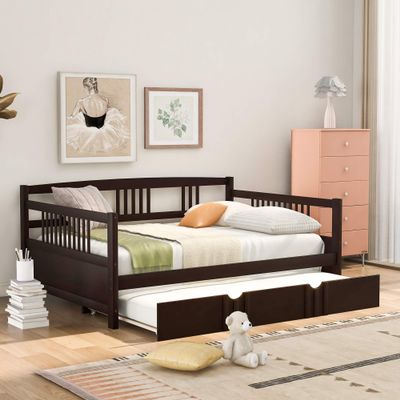 Flieks Full Size Wooden Daybed with Twin Size Trundle and 10 Wooden Slats Support, No Box Spring Required (Espresso)
