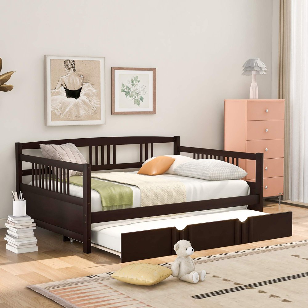 Flieks Full Size Wooden Daybed with Twin Size Trundle and 10 Wooden Slats Support, No Box Spring Required (Espresso)