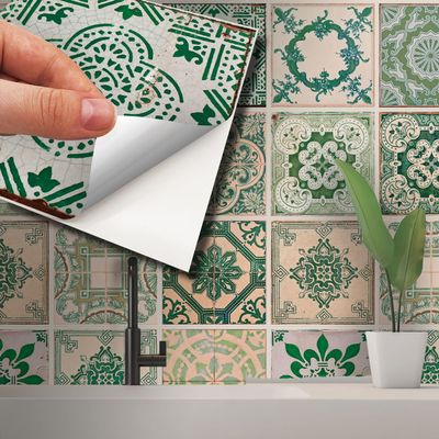 WALPLUS 24 Pcs 15cm(6") Tile Stickers Peel and Stick Backsplash Self-Adhesive Removeable Stick on Wall Vinyl Home Decoration DIY for Living Kitchen Bedroom Splashbacks - Vintage Green Antique Azulejo