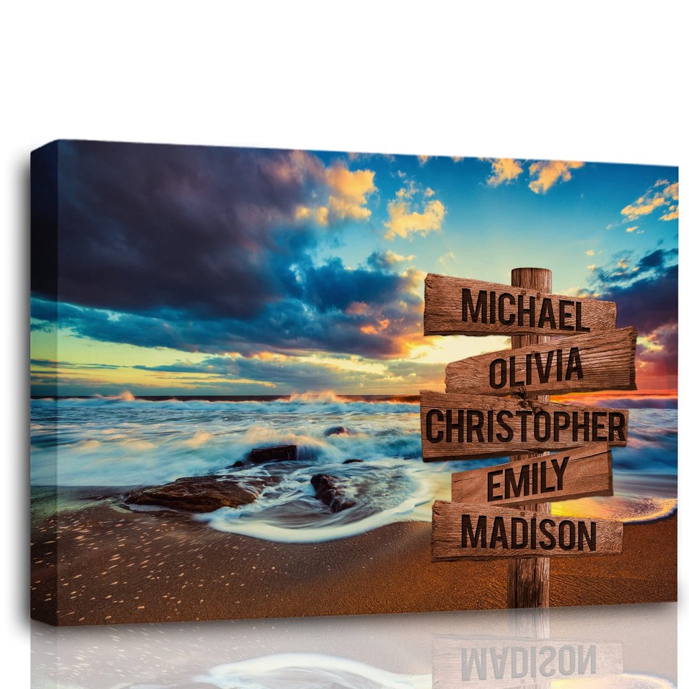 MySoulAndSpirit Store - Beach Ocean Sunset Multi Names Premium Canvas Crossroads Personalized Canvas Wall Art, Family Street Sign Family Name Art Canvas For Home Decor Custom Canvas Wall Art (48"x32")