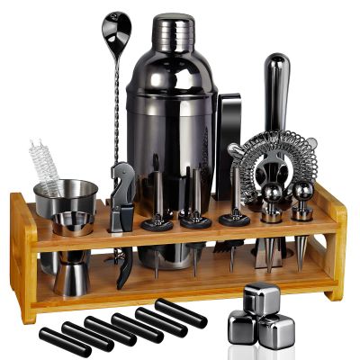 26-Piece Bartender Kit Cocktail Shaker Set | Stainless Steel Bar Set with Bamboo Stand Bar Tools Cocktail Kit for Christmas Drink Mixing,Home Bar Party Gift Bartending Kit Black