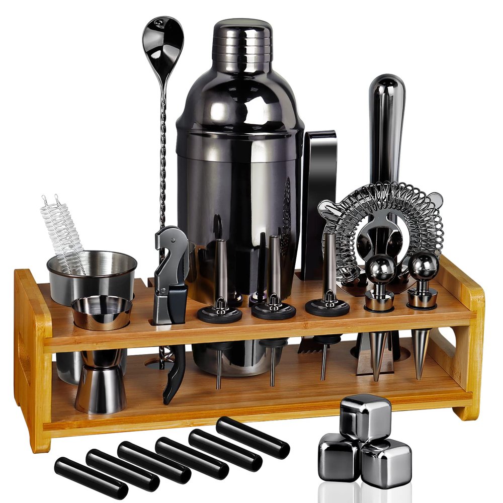 26-Piece Bartender Kit Cocktail Shaker Set | Stainless Steel Bar Set with Bamboo Stand Bar Tools Cocktail Kit for Christmas Drink Mixing,Home Bar Party Gift Bartending Kit Black
