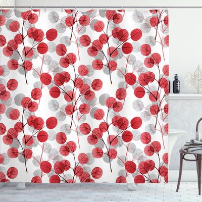 Ambesonne Nature Shower Curtain, Soft Colored Bay Leaf Watercolor Branches Growth Essence Image Print, Cloth Fabric Bathroom Decor Set with Hooks, 69" W x 84" L, Red White