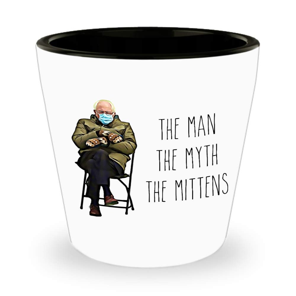 Bernie Sanders The Man The Myth The Mittens Shot Glass Funny Inauguration 2021 Shot Glasses