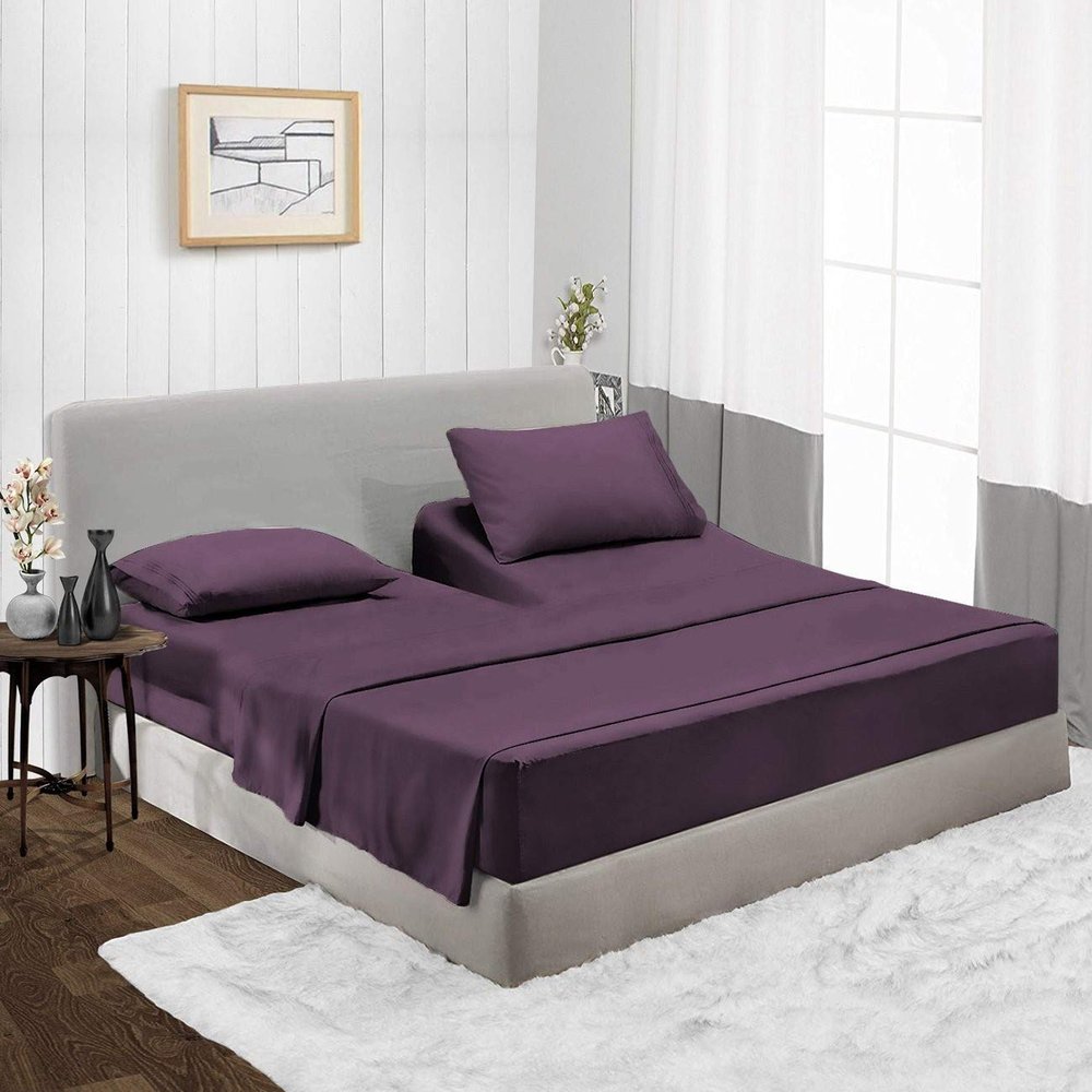 800 Thread Count, 100% Egyptian Long Stapple Cotton, 4 PC Split Head Flex Sheet Set, 32" Split From the Top, Soft Satin Weave, 15" Deep Pocket (Split Head California King- 32" Split, Plum)